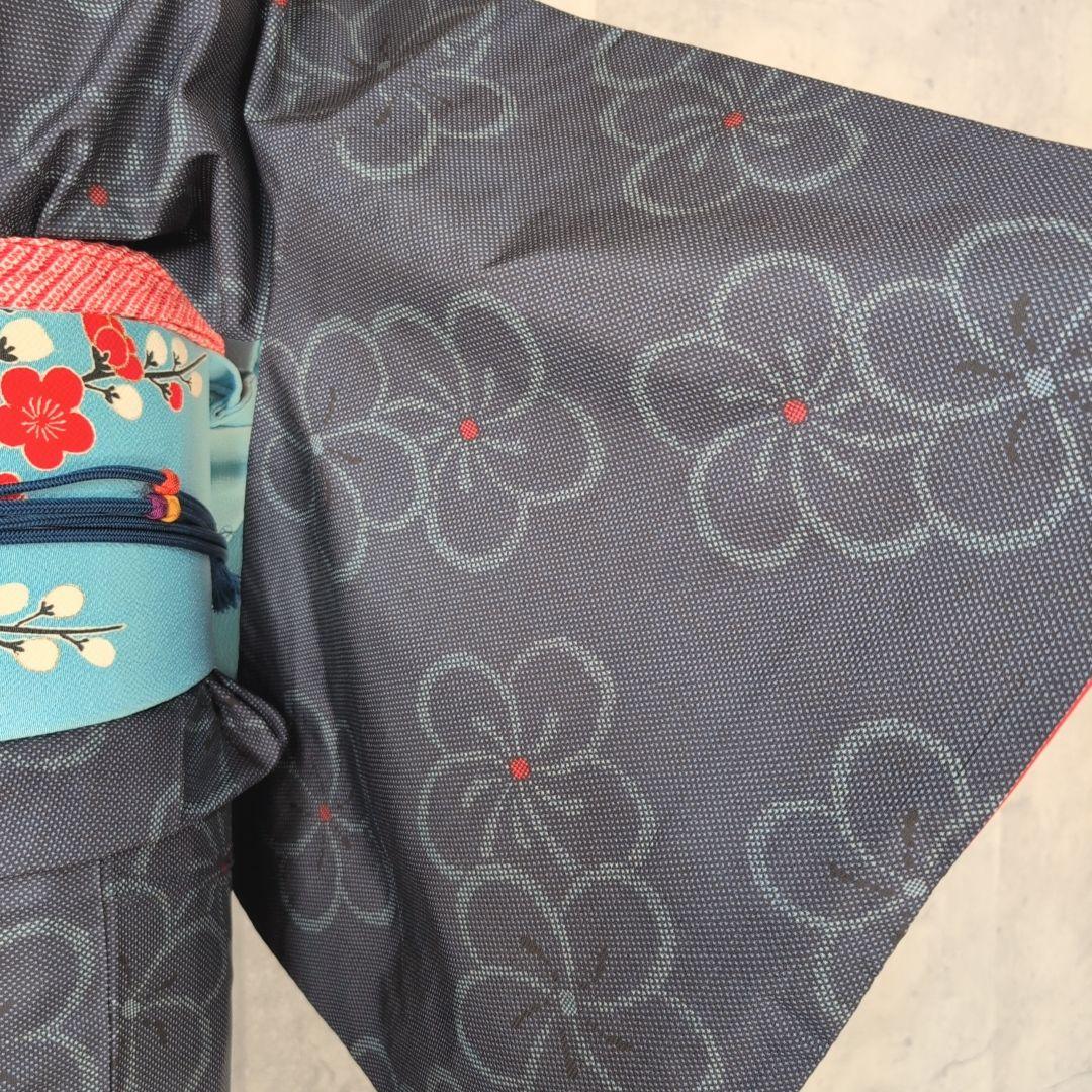 大島紬　フルセット　小紋　着物　正絹　花　帯梅　紺　着物備品　O7