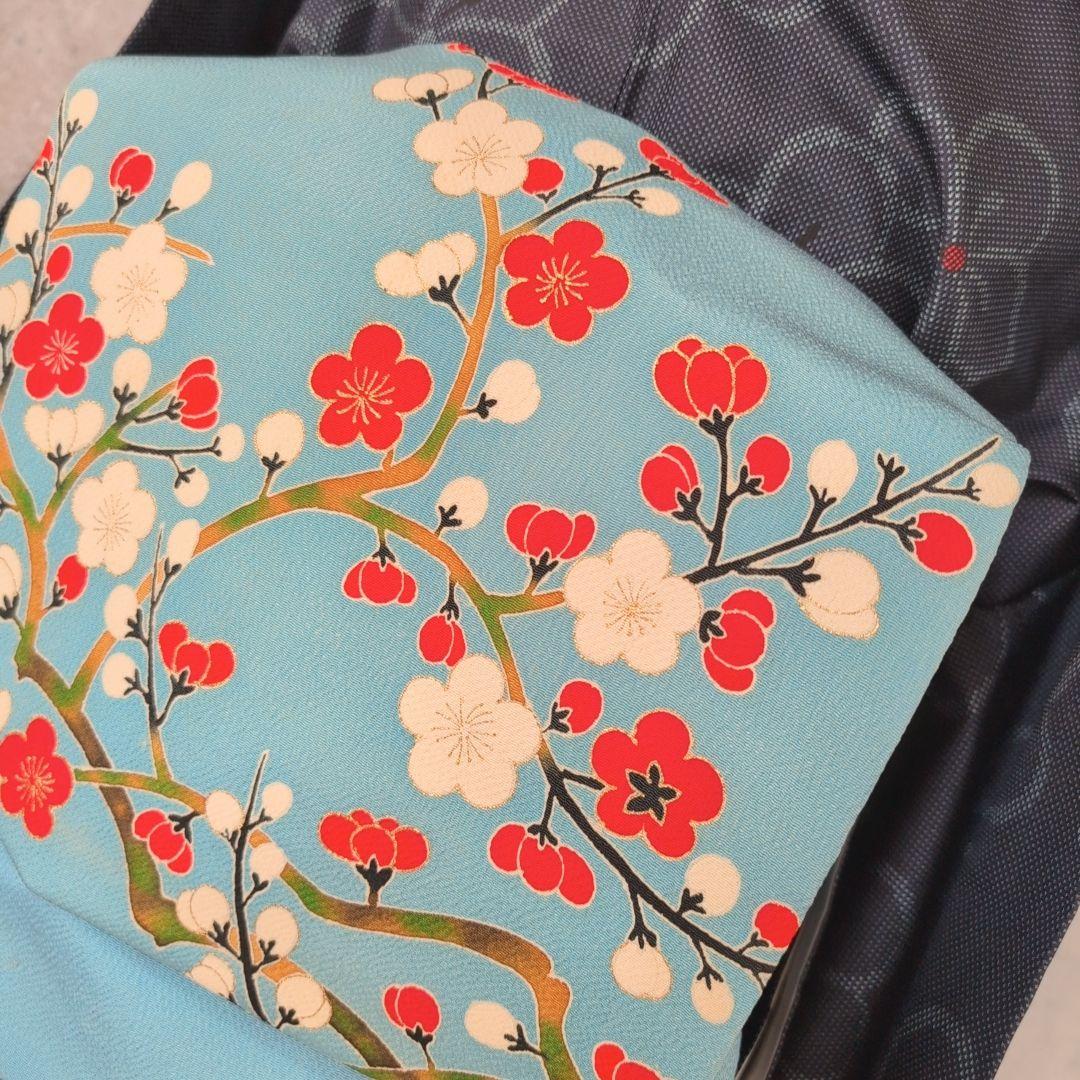 大島紬　フルセット　小紋　着物　正絹　花　帯梅　紺　着物備品　O7