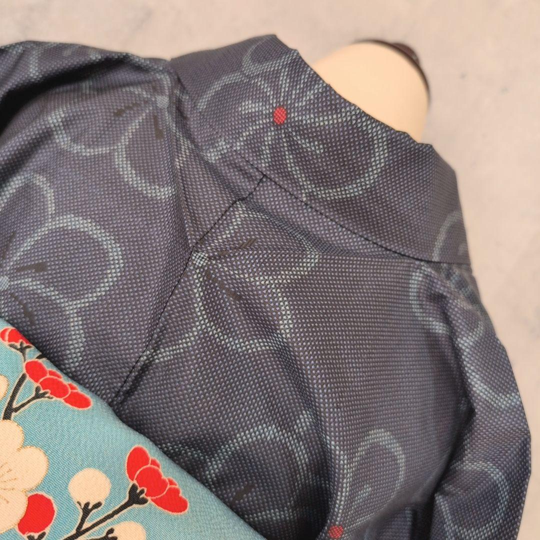 大島紬　フルセット　小紋　着物　正絹　花　帯梅　紺　着物備品　O7