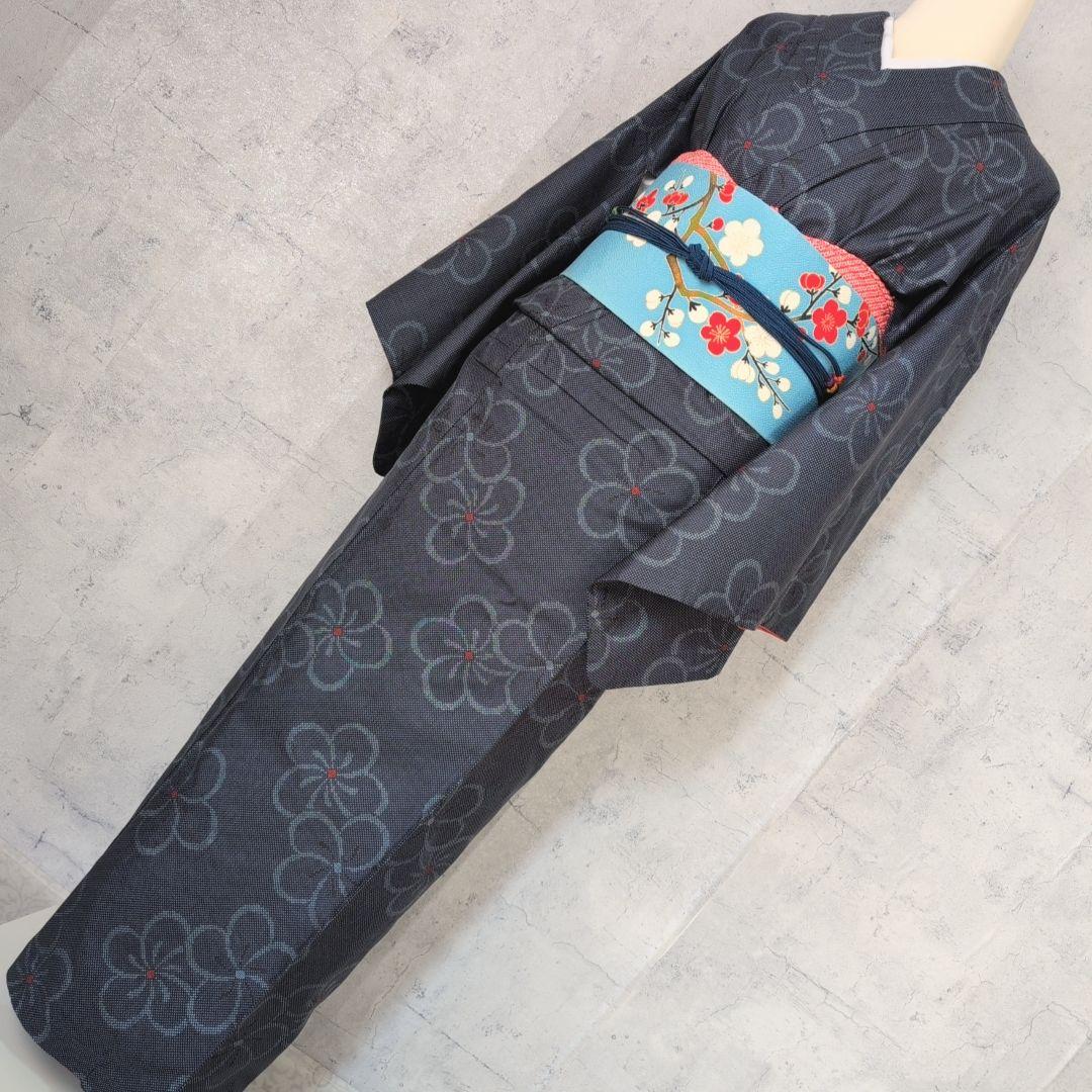 大島紬　フルセット　小紋　着物　正絹　花　帯梅　紺　着物備品　O7