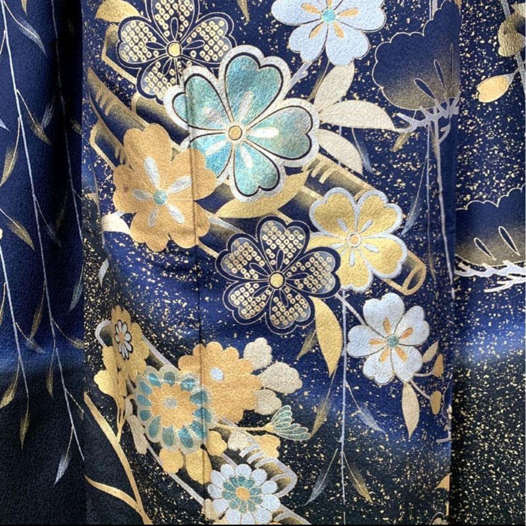 〇人気色！ 振袖 金彩 紺 ネイビー 蝶々 桜 松〇成人式 結婚式