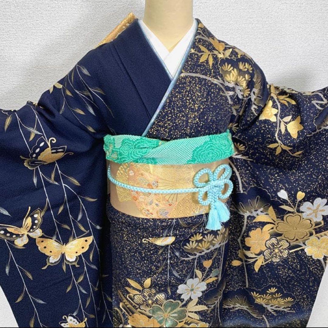 〇人気色！ 振袖 金彩 紺 ネイビー 蝶々 桜 松〇成人式 結婚式
