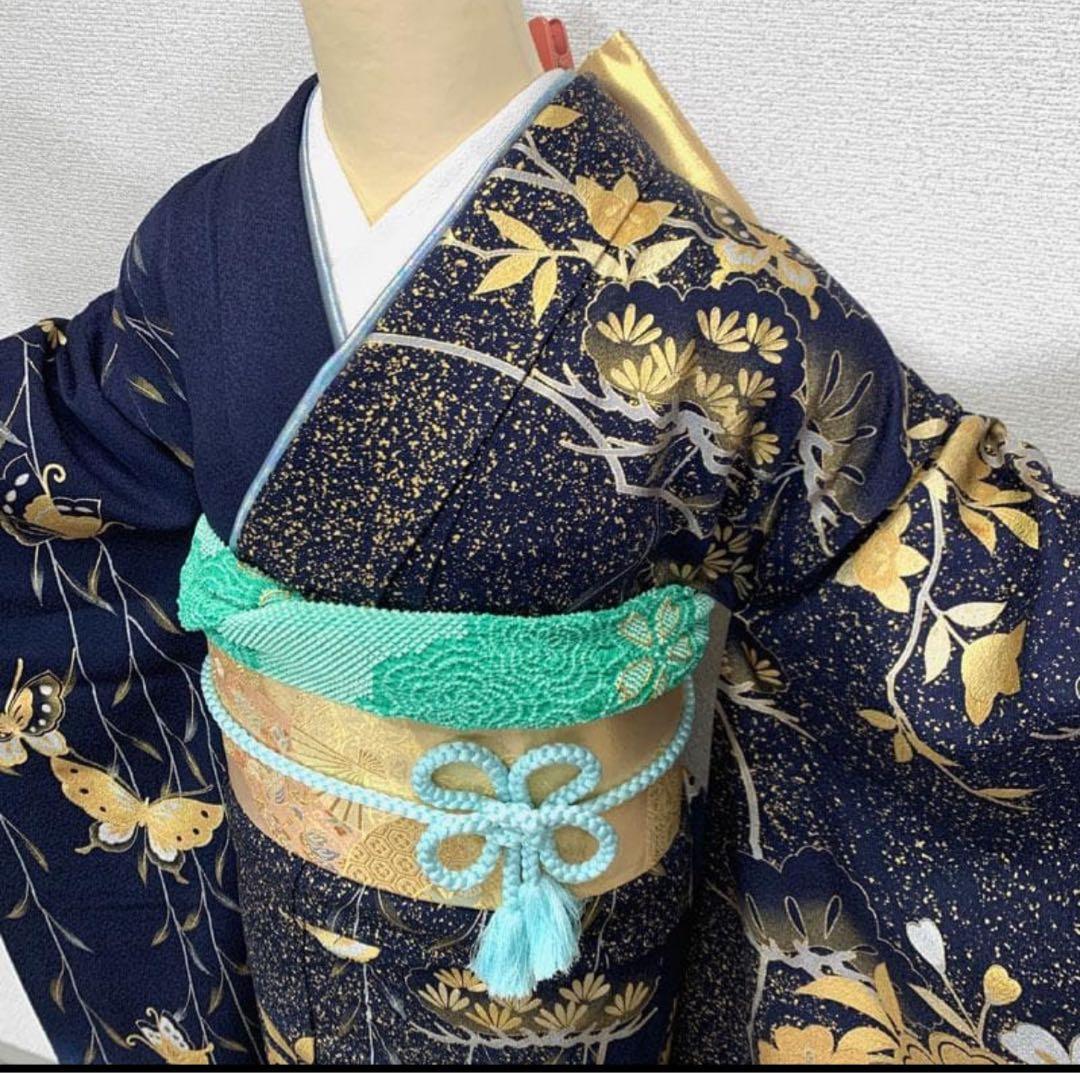 〇人気色！ 振袖 金彩 紺 ネイビー 蝶々 桜 松〇成人式 結婚式