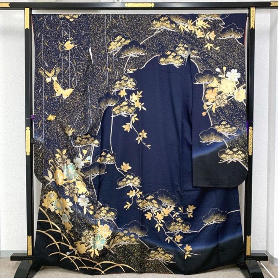 〇人気色！ 振袖 金彩 紺 ネイビー 蝶々 桜 松〇成人式 結婚式