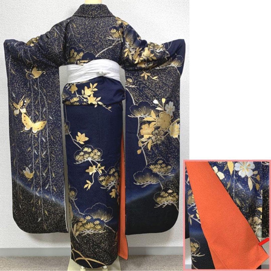 〇人気色！ 振袖 金彩 紺 ネイビー 蝶々 桜 松〇成人式 結婚式