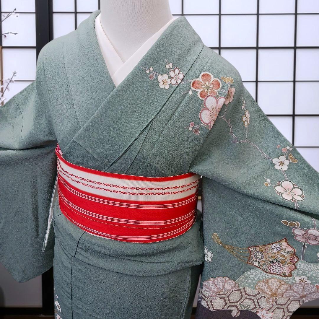 裄68.2、身丈158.3cm☆正絹　良家のちりめん訪問着　青磁色に扇面と梅