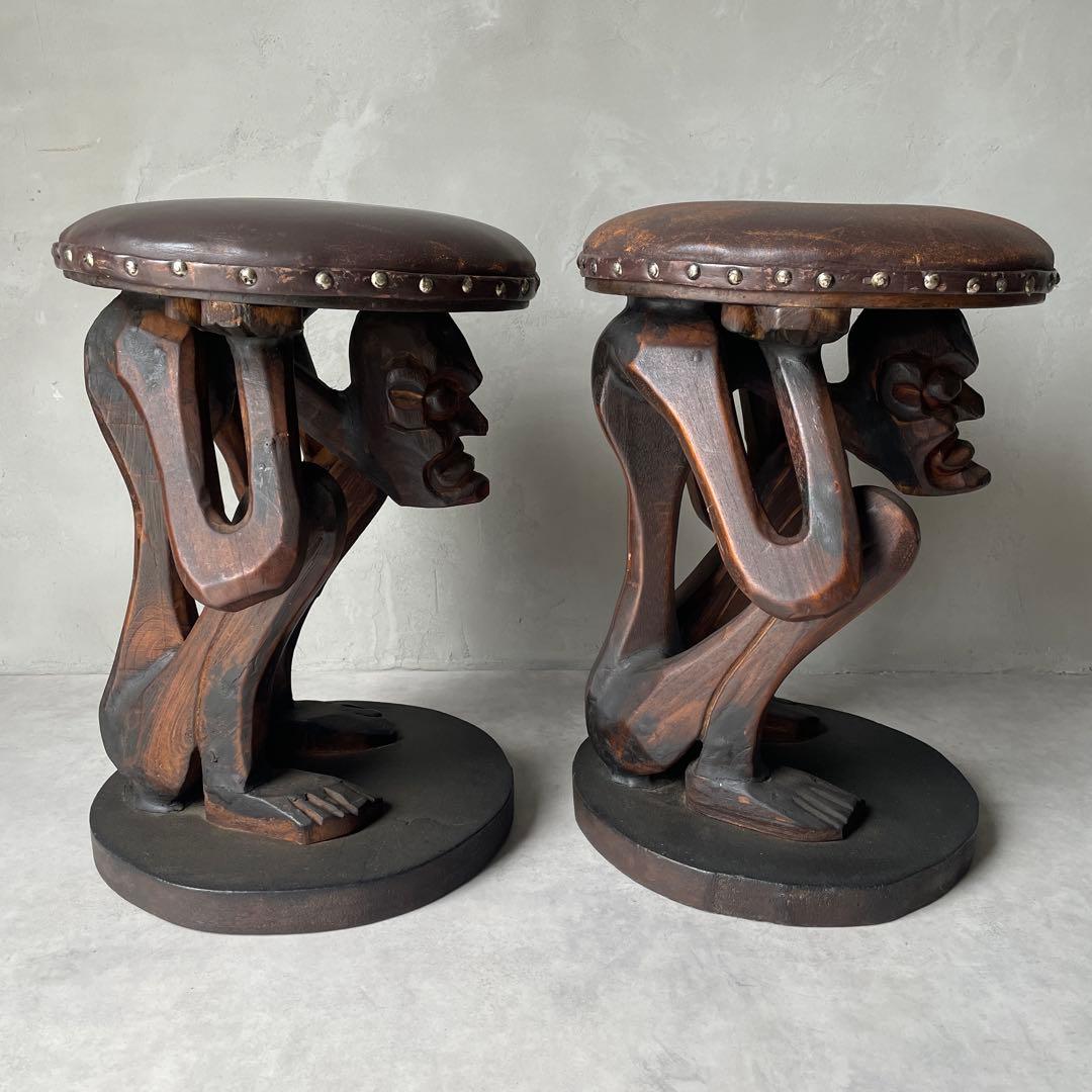 木製　木彫り　アフリカ　スツール　ガーゴイル　丸椅子　ヴィンテージ　民芸