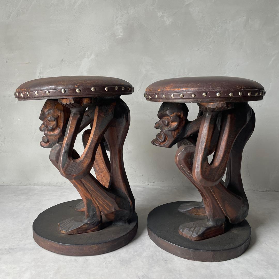 木製　木彫り　アフリカ　スツール　ガーゴイル　丸椅子　ヴィンテージ　民芸