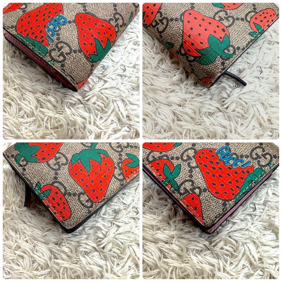 【美品】グッチ 二つ折り財布 ベージュ ピンク いちご スプリーム GG柄