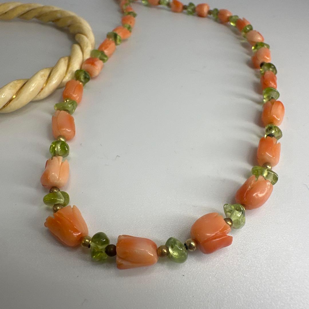 14K 585 サンゴ　珊瑚　天然材質　ぞうげ風　ネックレス　ブレスレット