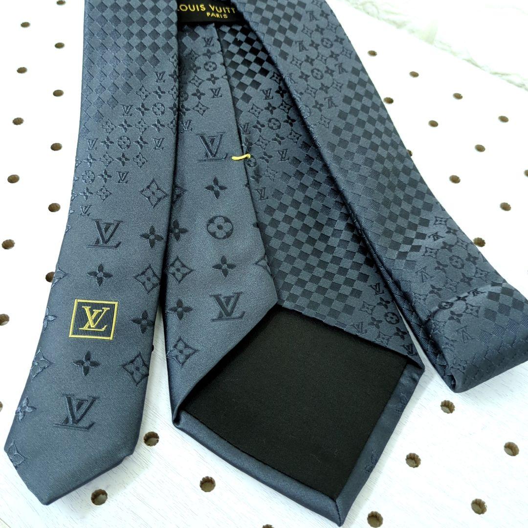 ルイヴィトン ダミエ モノグラム 100%シルク ネクタイ グレー系 イタリア製