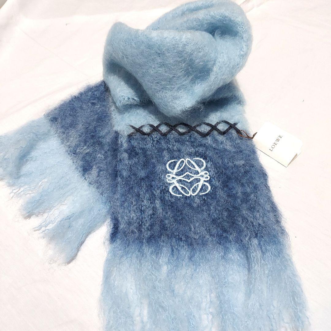 【未使用タグ付】LOEWE ロエベ モヘアマフラー / アナグラム /刺繍ブルー