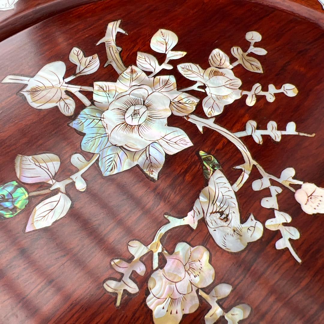 木製 貝細工装飾 丸型座卓　花瓶台　みっちゃん