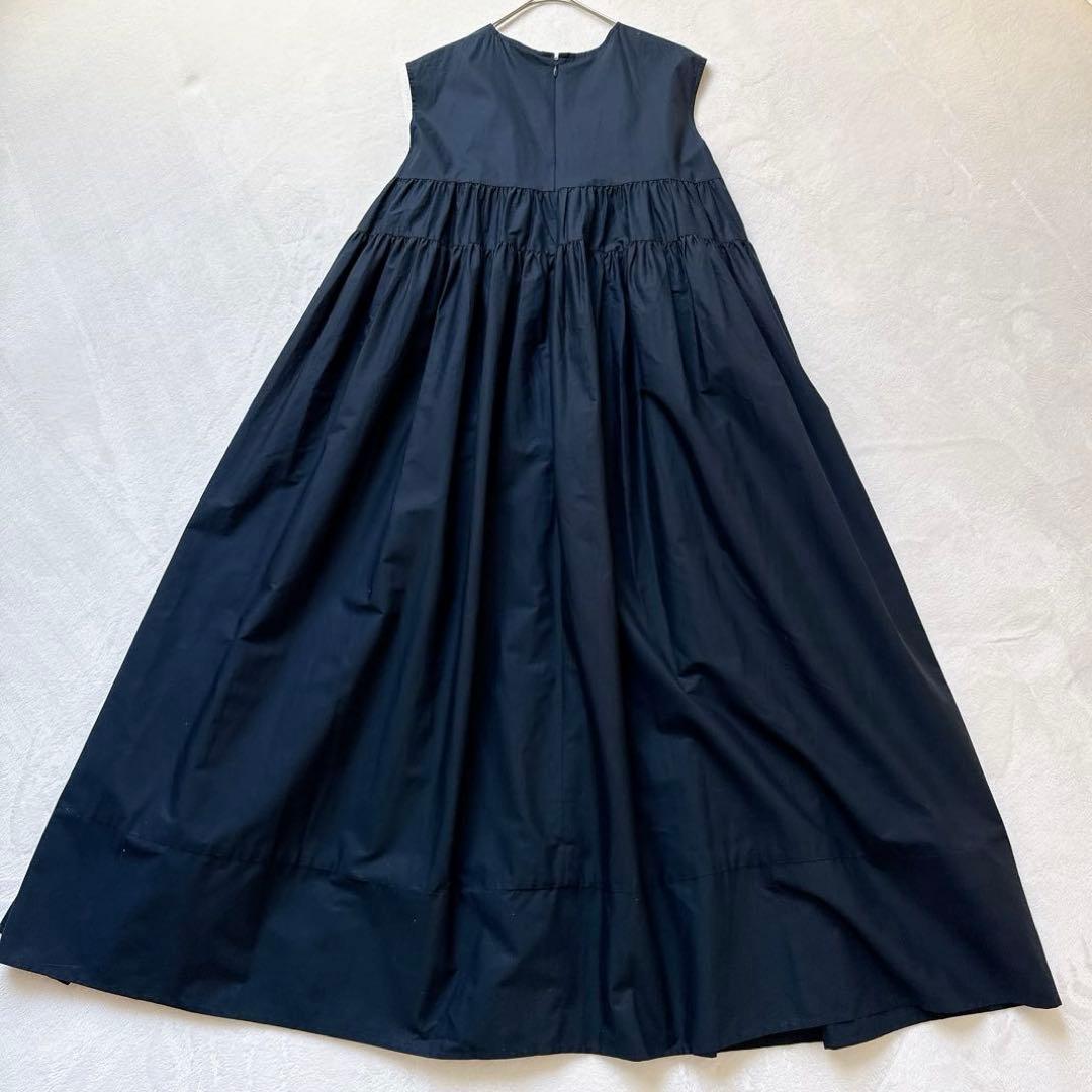 ヨーコチャン ノースリーブ ロング ティアード ギャザーワンピース ネイビー S