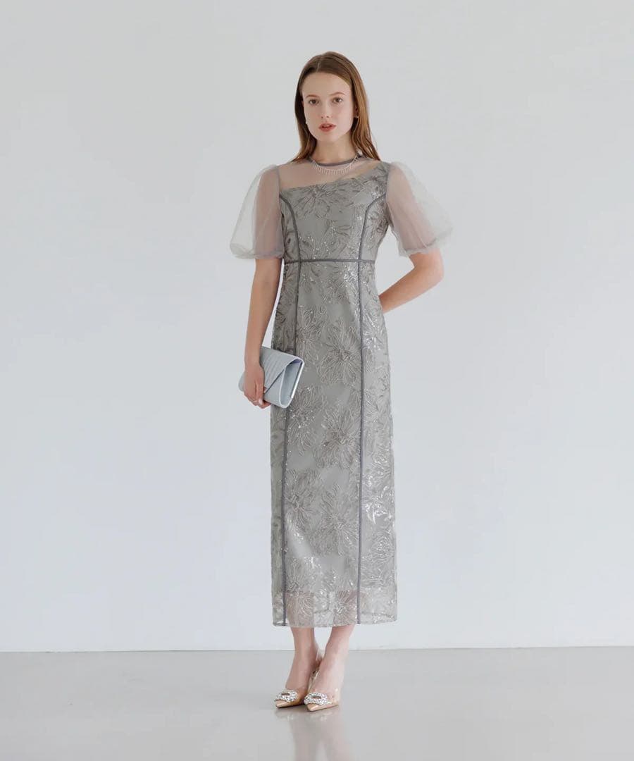 アシンメトリーシアーフラワーワンピースドレス