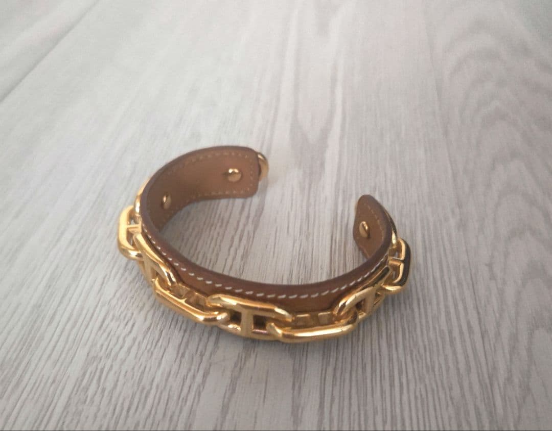 HERMES☆シェーヌダンクルバングル（ブラウンレザー×ゴールドチェーン）