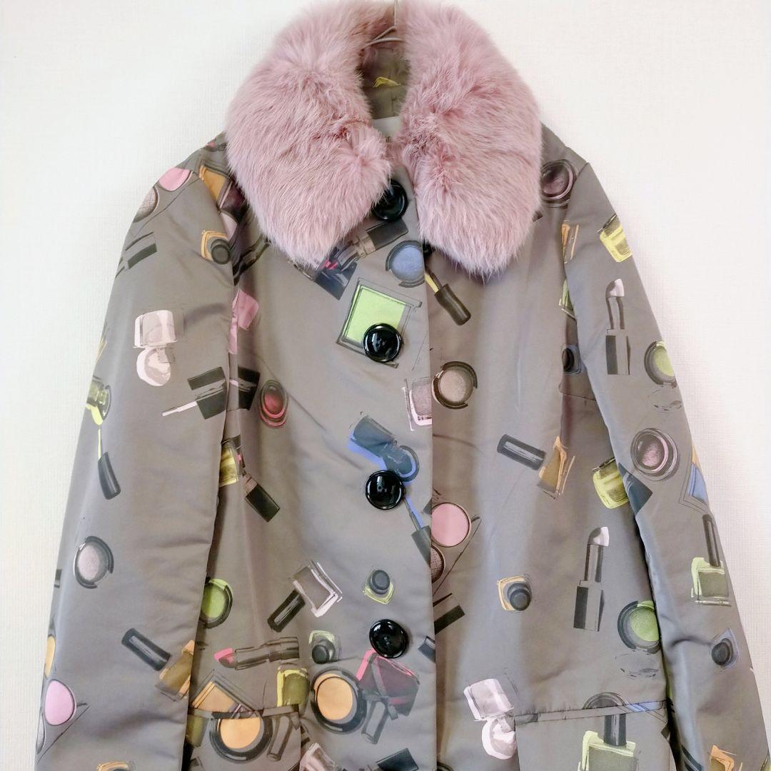 MOSCHINO モスキーノ　メイクプリントロングコート グレー　ラビットファー