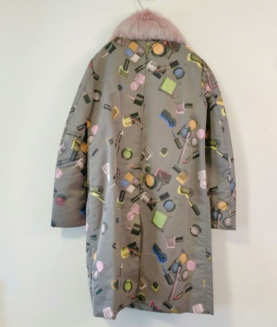 MOSCHINO モスキーノ　メイクプリントロングコート グレー　ラビットファー