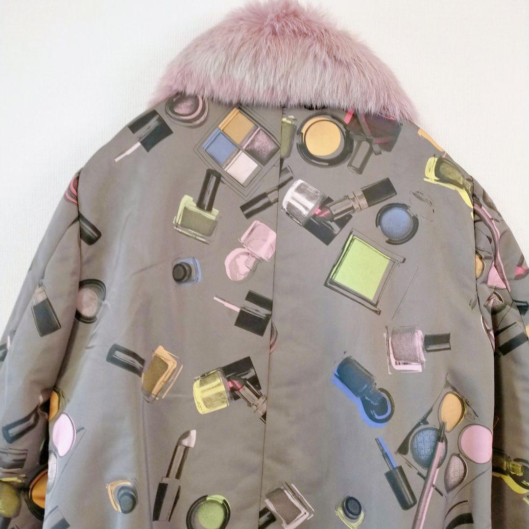 MOSCHINO モスキーノ　メイクプリントロングコート グレー　ラビットファー