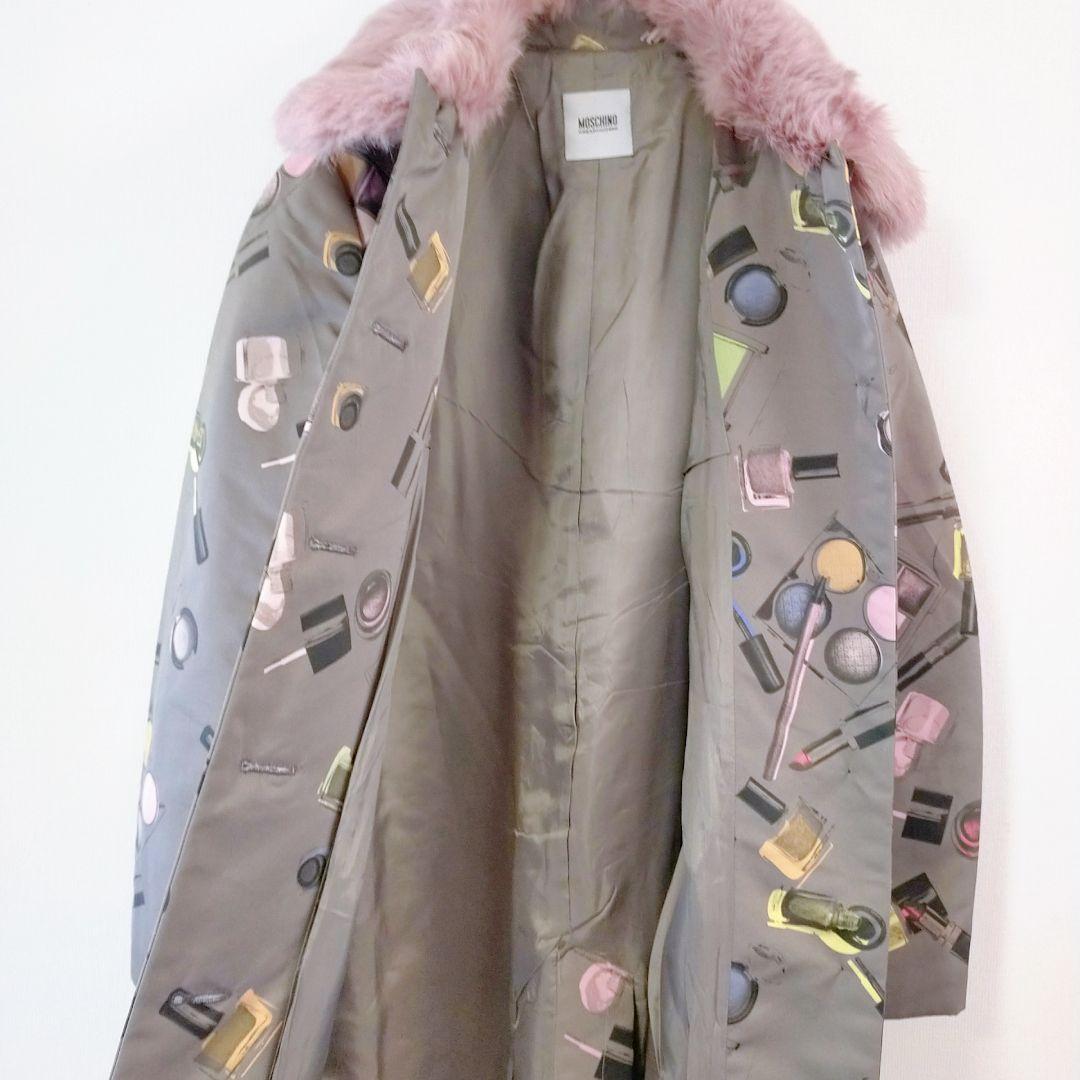 MOSCHINO モスキーノ　メイクプリントロングコート グレー　ラビットファー