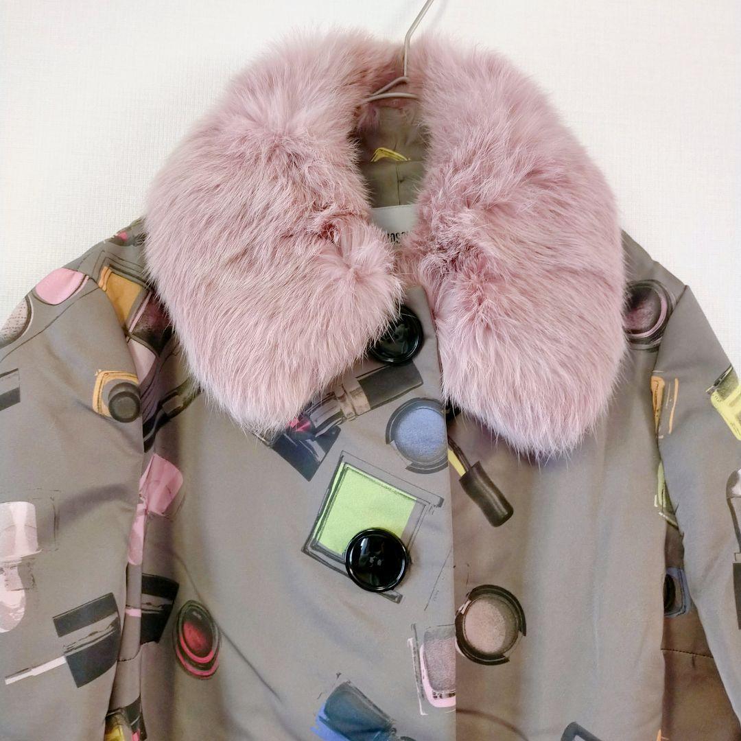 MOSCHINO モスキーノ　メイクプリントロングコート グレー　ラビットファー