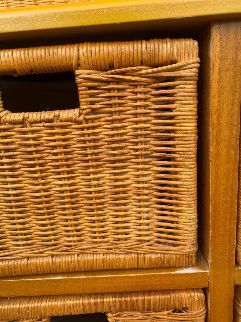 ラタン　引き出し付　ハンガーラック　棚　シェルフ　藤　黄色