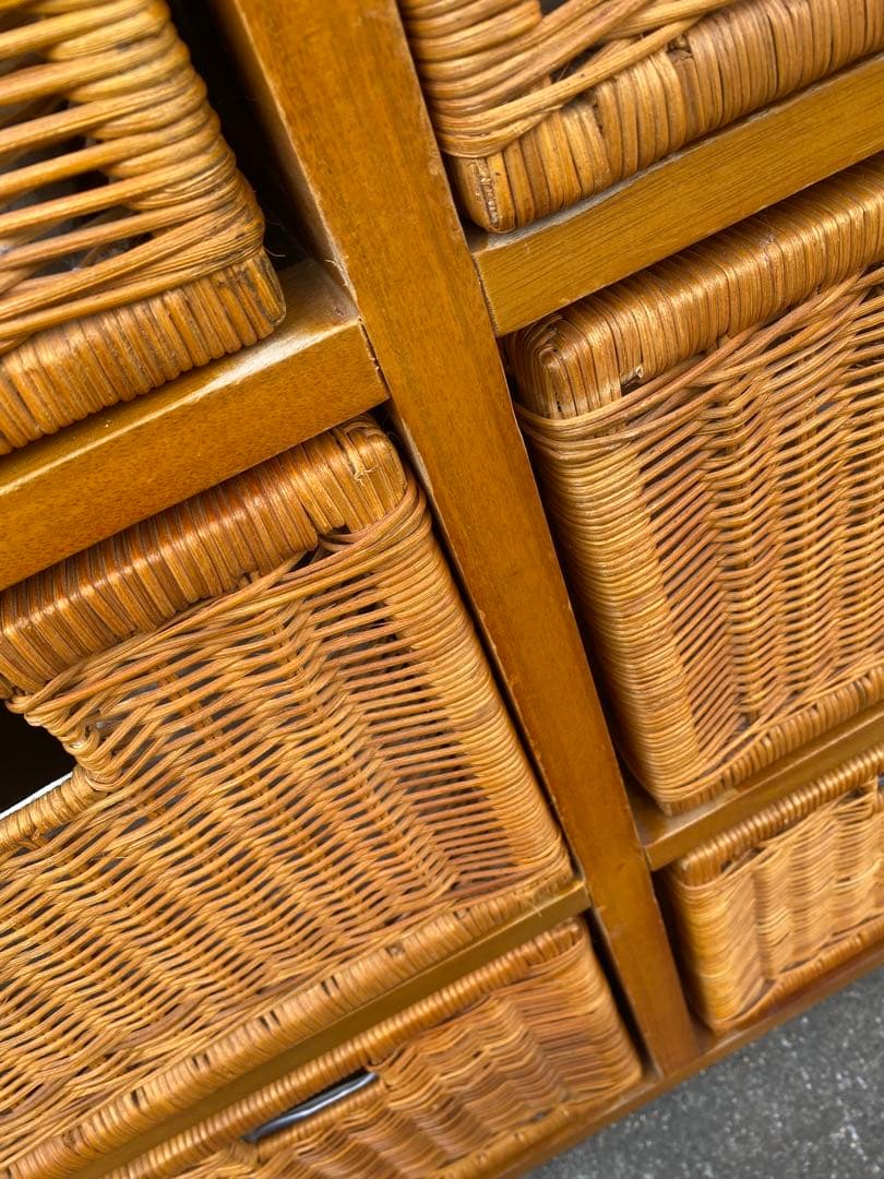 ラタン　引き出し付　ハンガーラック　棚　シェルフ　藤　黄色