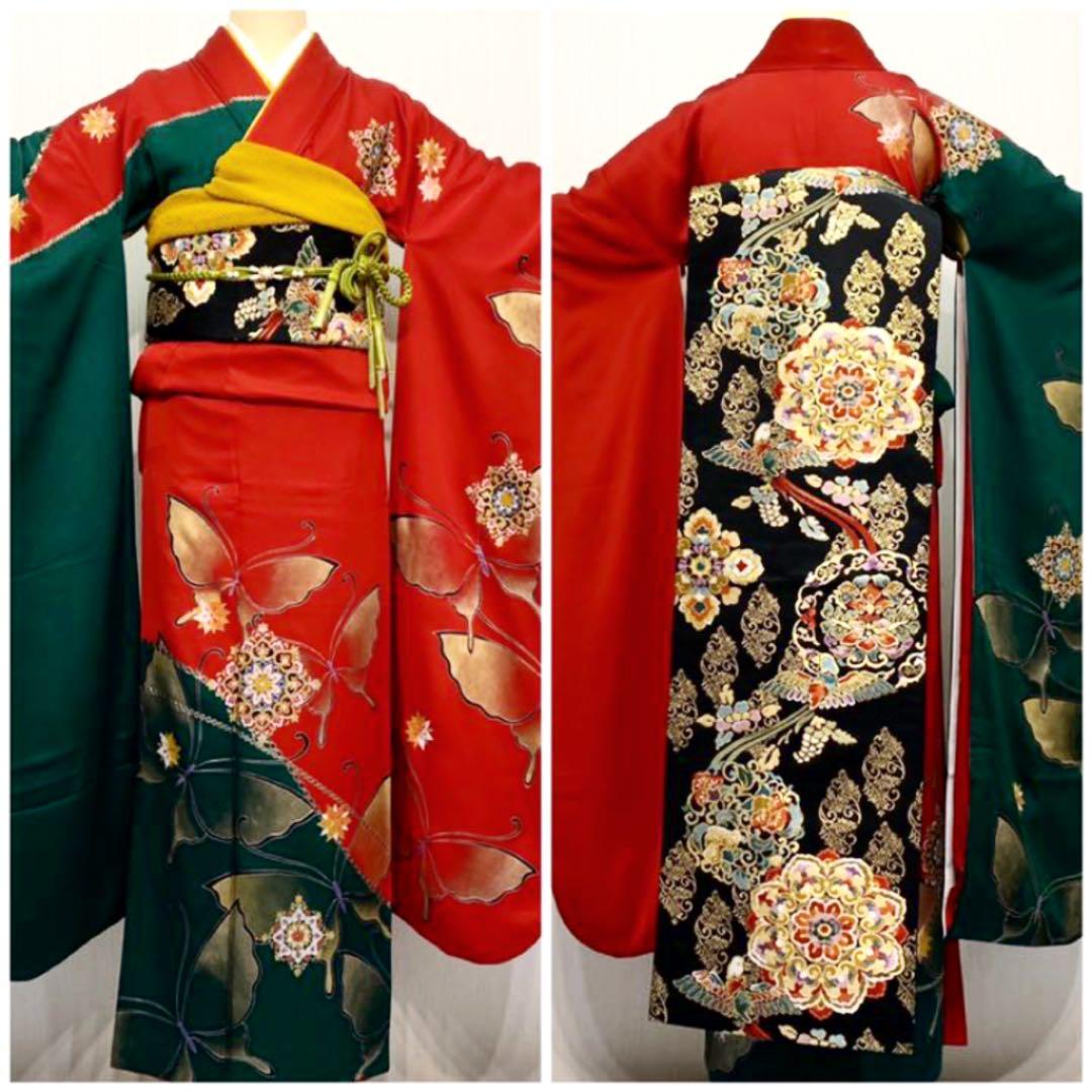 華紋様　正絹【綸子】振袖　フルセット