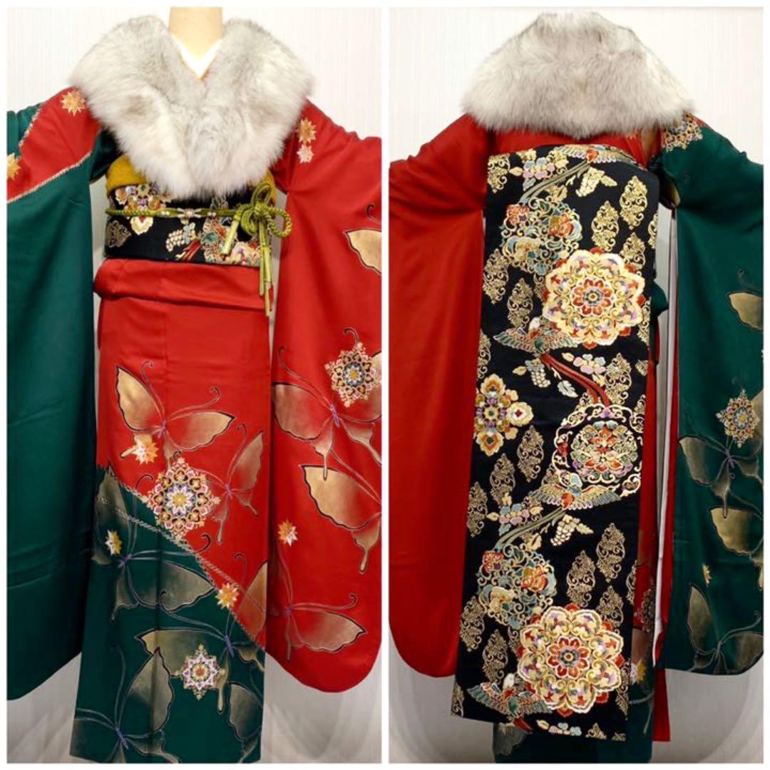 華紋様　正絹【綸子】振袖　フルセット