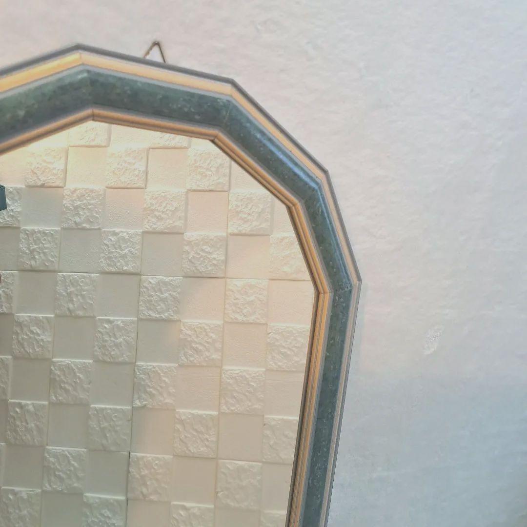 イタリア製　アンティーク ミラー 八角形 壁掛け鏡 淡いグリーン