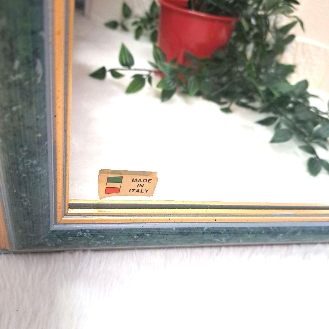 イタリア製　アンティーク ミラー 八角形 壁掛け鏡 淡いグリーン