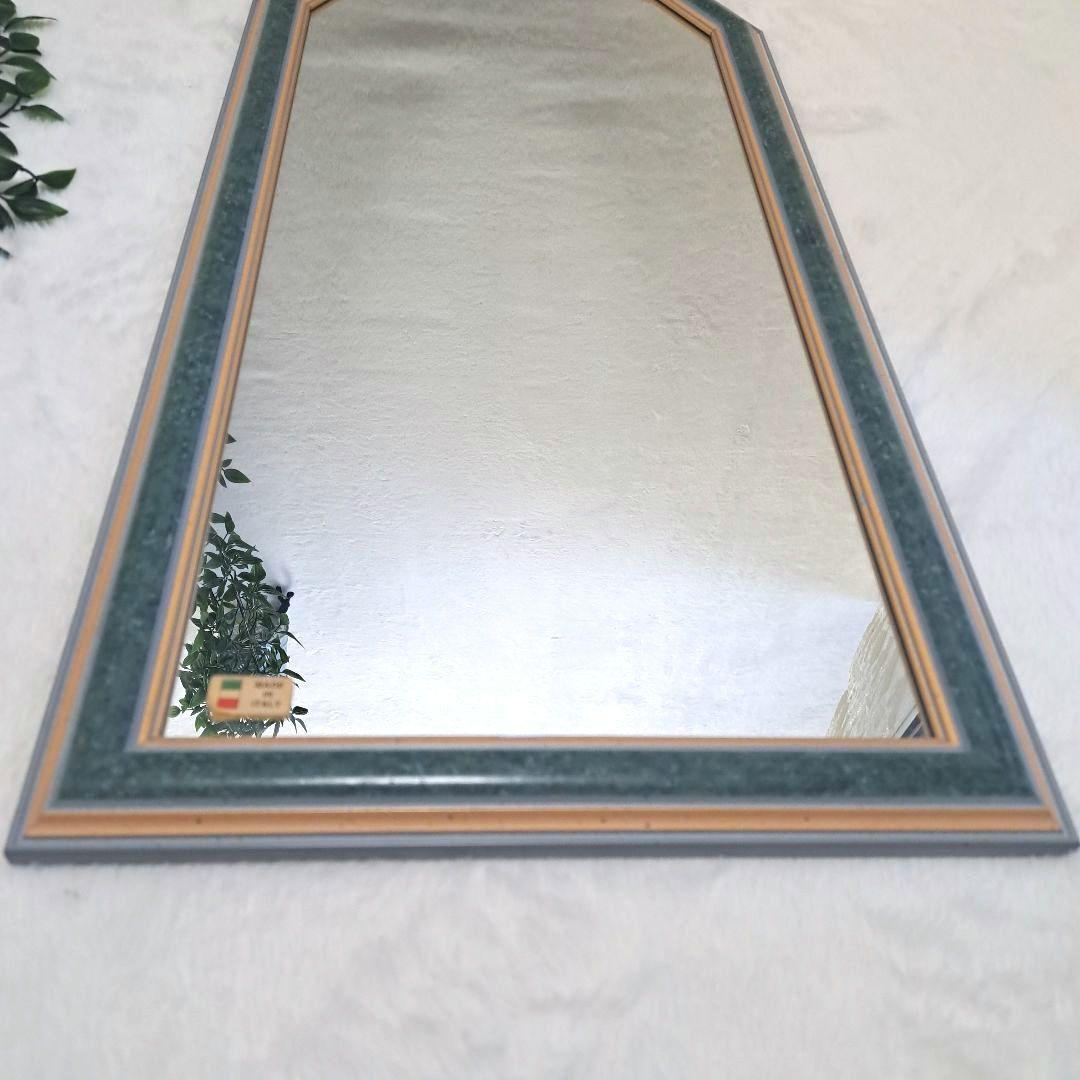 イタリア製　アンティーク ミラー 八角形 壁掛け鏡 淡いグリーン