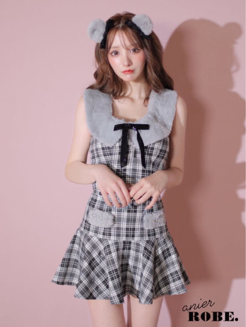 スーツ・フォーマル・ドレス Fluffy cute check bear setup mini dress