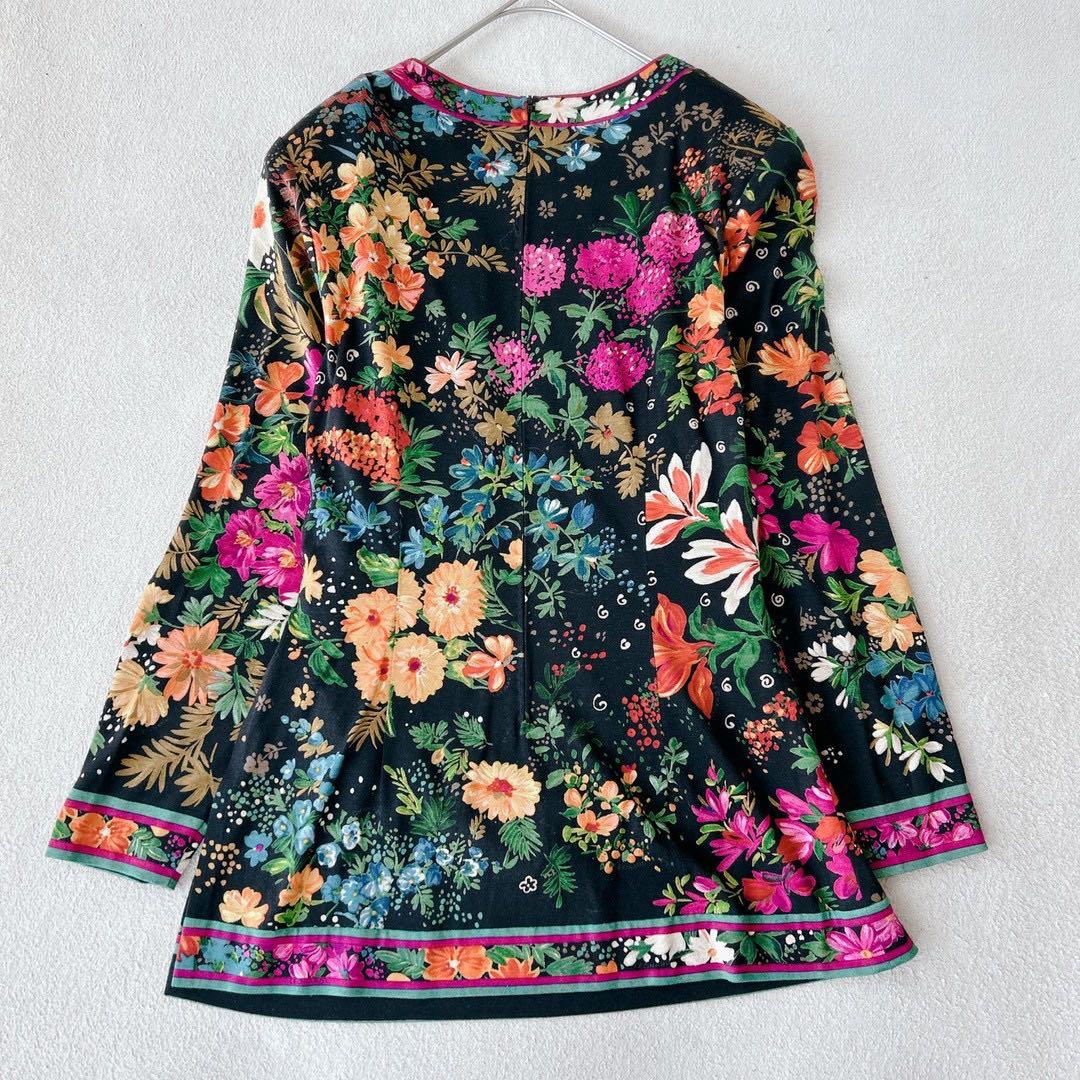美品✨レオナール　チュニック　ブラウス　長袖　花柄　トリム　シルク　L