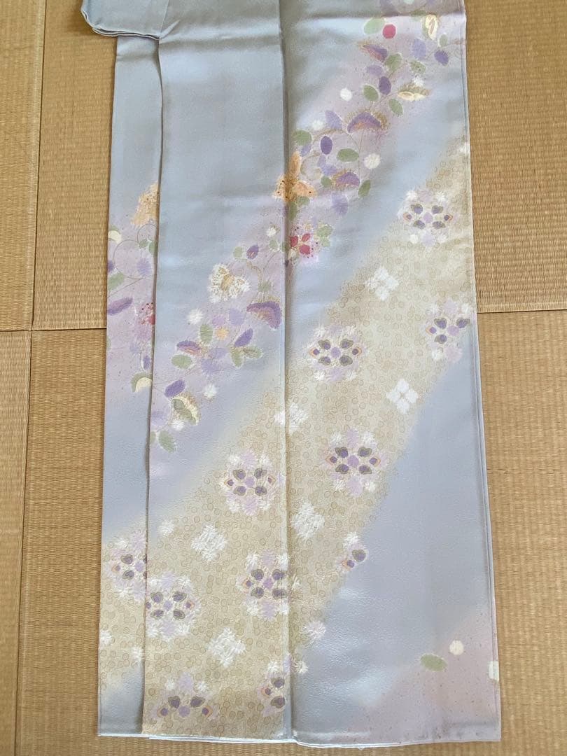 【美品】水色味グレー　銀通し　絞り　花模様　訪問着（袷）フルセット