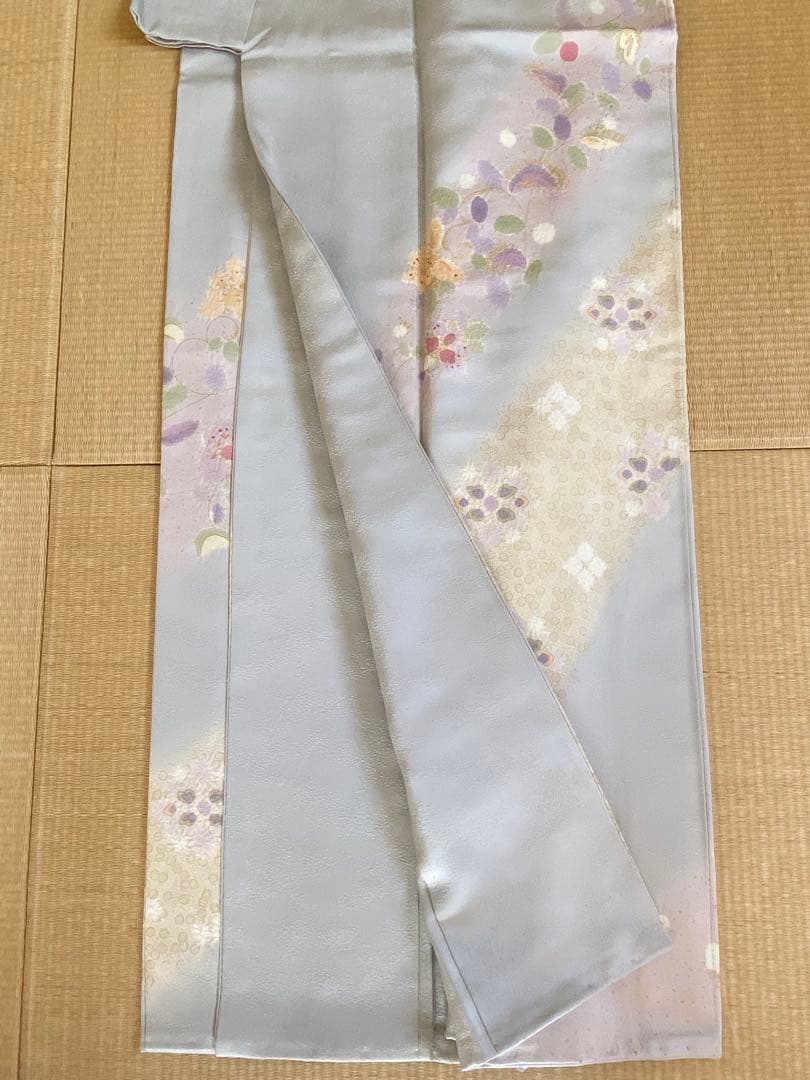 【美品】水色味グレー　銀通し　絞り　花模様　訪問着（袷）フルセット