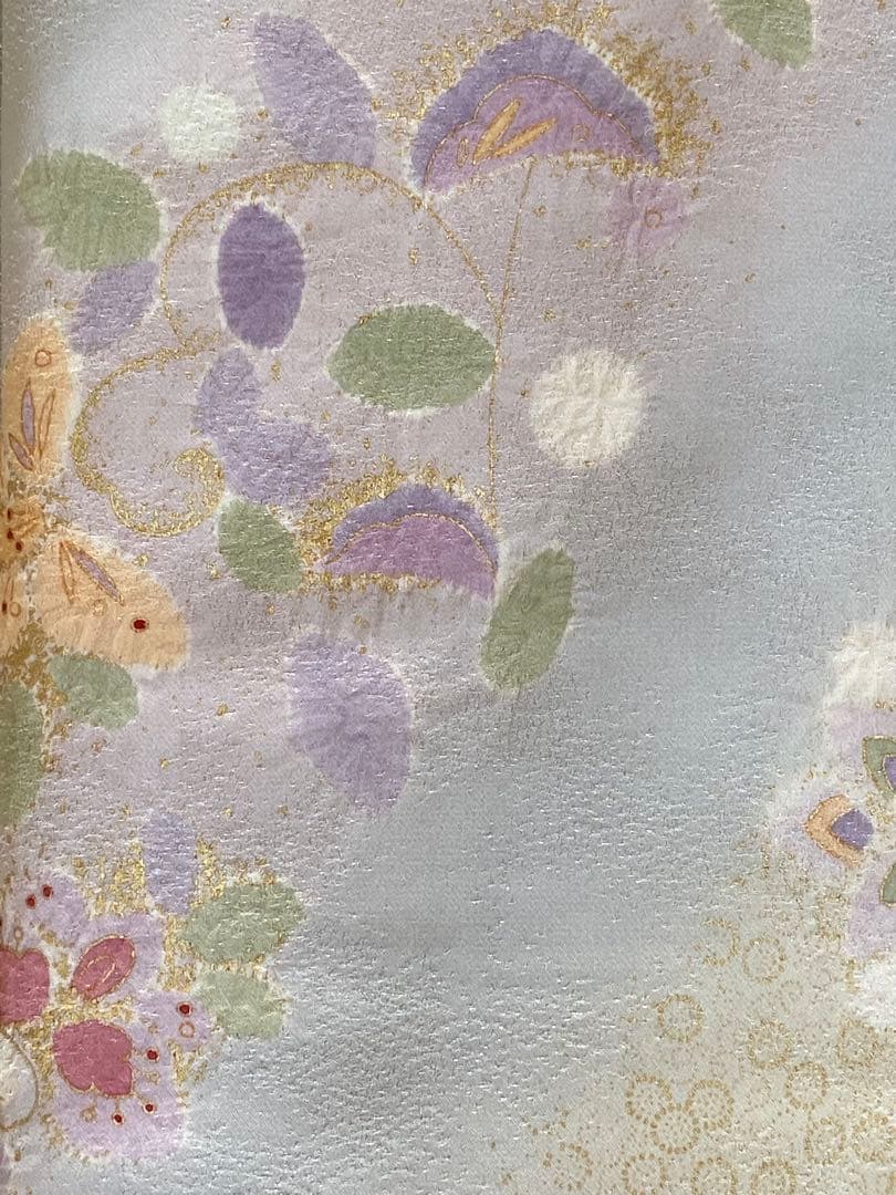 【美品】水色味グレー　銀通し　絞り　花模様　訪問着（袷）フルセット