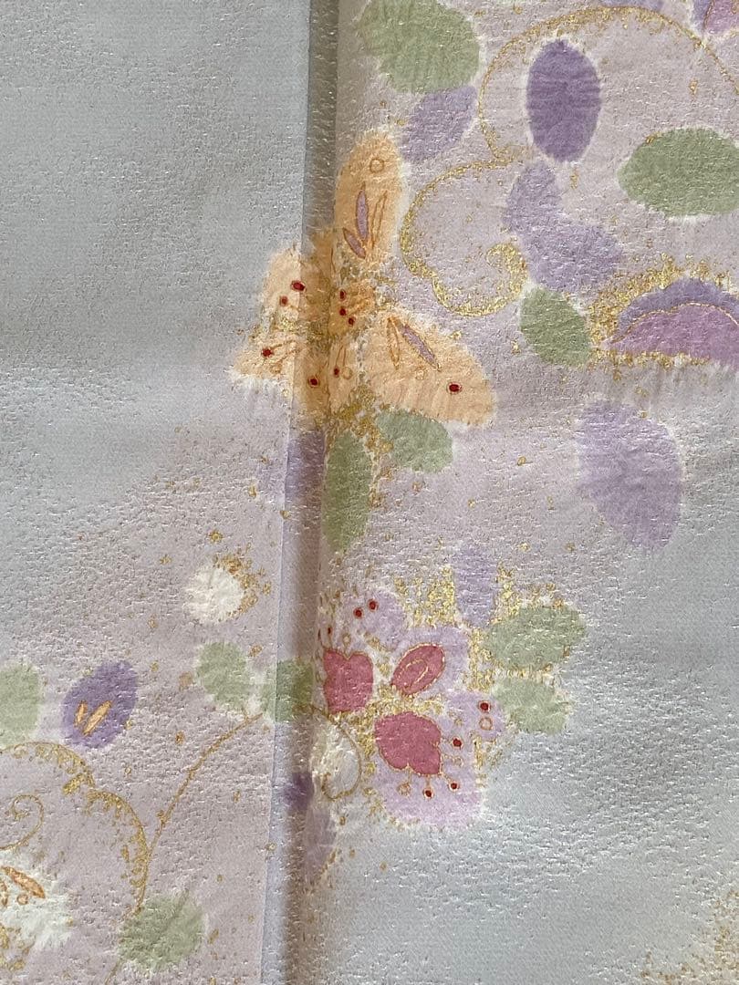 【美品】水色味グレー　銀通し　絞り　花模様　訪問着（袷）フルセット