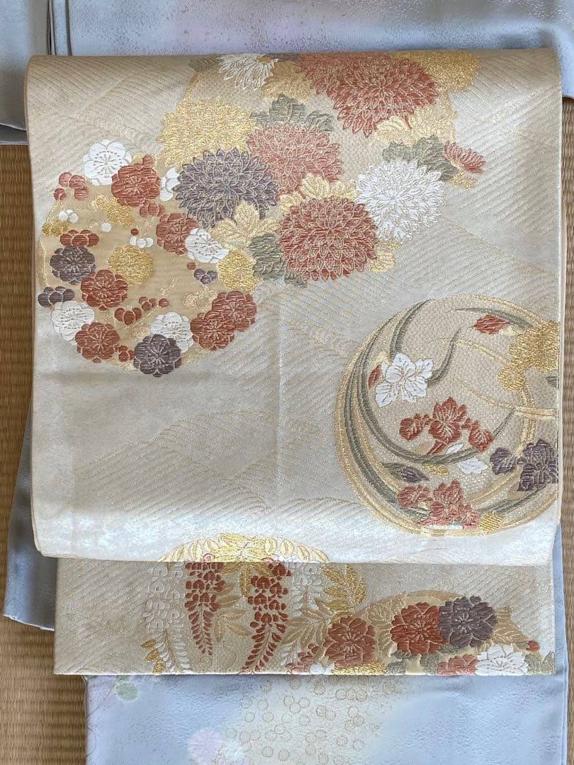 【美品】水色味グレー　銀通し　絞り　花模様　訪問着（袷）フルセット