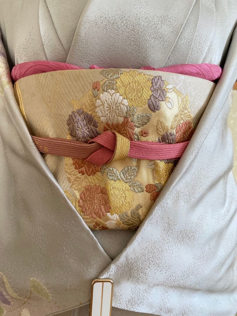 【美品】水色味グレー　銀通し　絞り　花模様　訪問着（袷）フルセット