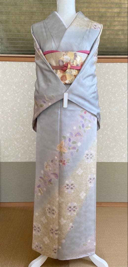 【美品】水色味グレー　銀通し　絞り　花模様　訪問着（袷）フルセット