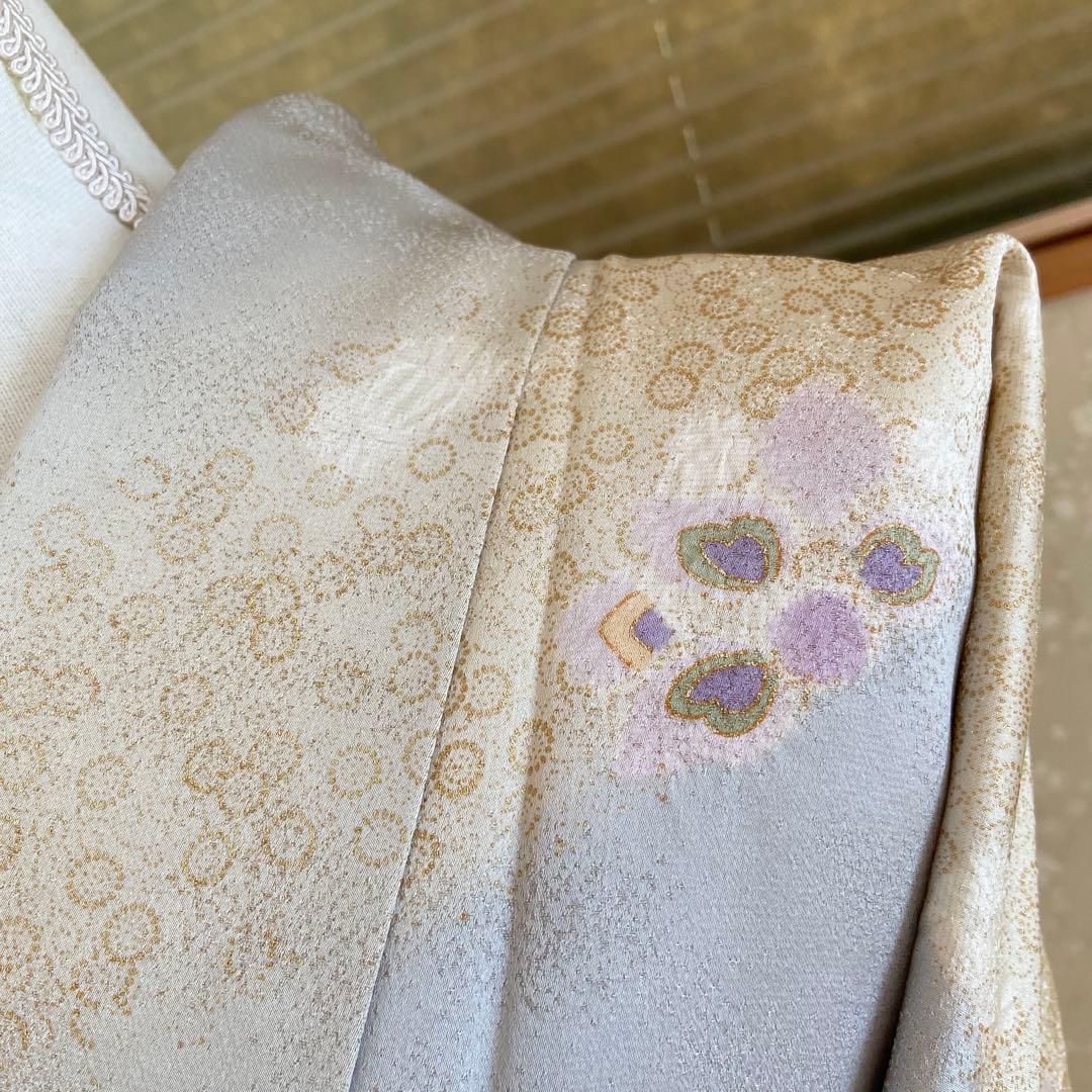 【美品】水色味グレー　銀通し　絞り　花模様　訪問着（袷）フルセット