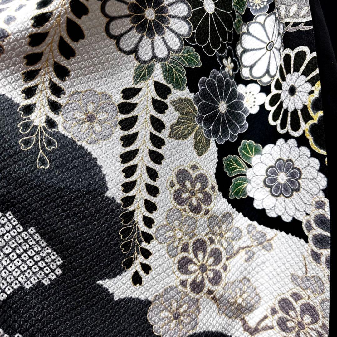 振袖　着物リメイク　ドレス　黒×菊や桜や藤の花　和柄　ワンピース　ハンドメイド