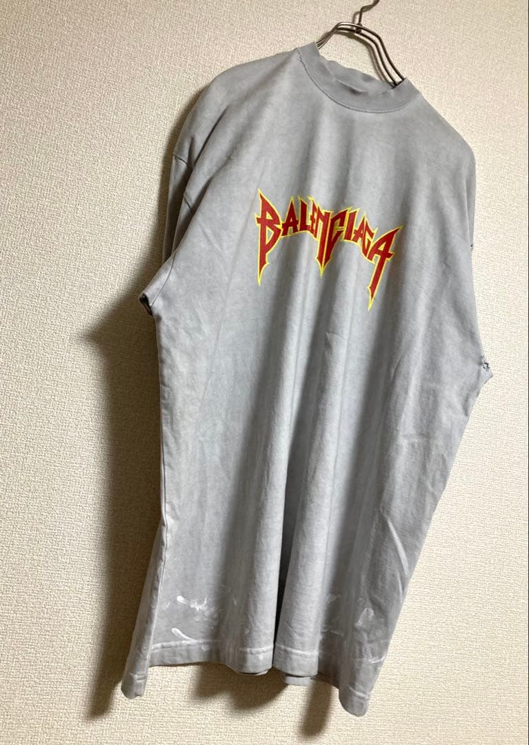 BALENCIAGA バレンシアガ　デストロイ　メタルロゴ　tシャツ グレー