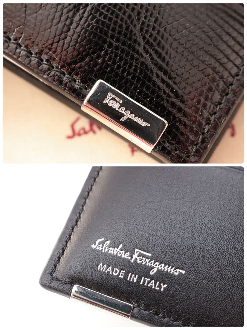 フェラガモ Salvatore Ferragamo リザード 二つ折り財布 黒色