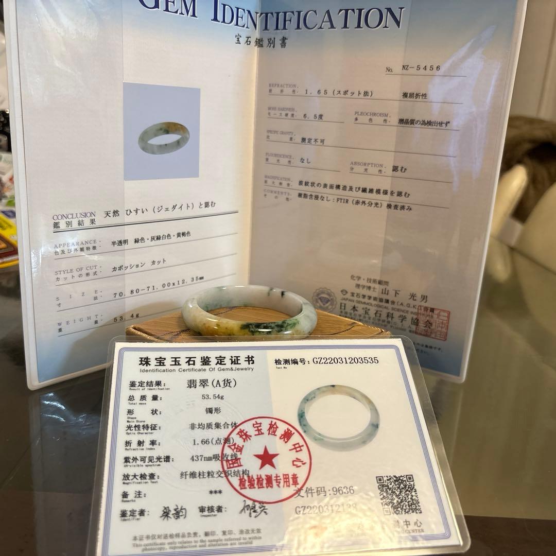 本翡翠　日本鑑別書付き個性的、レア色合いバングル