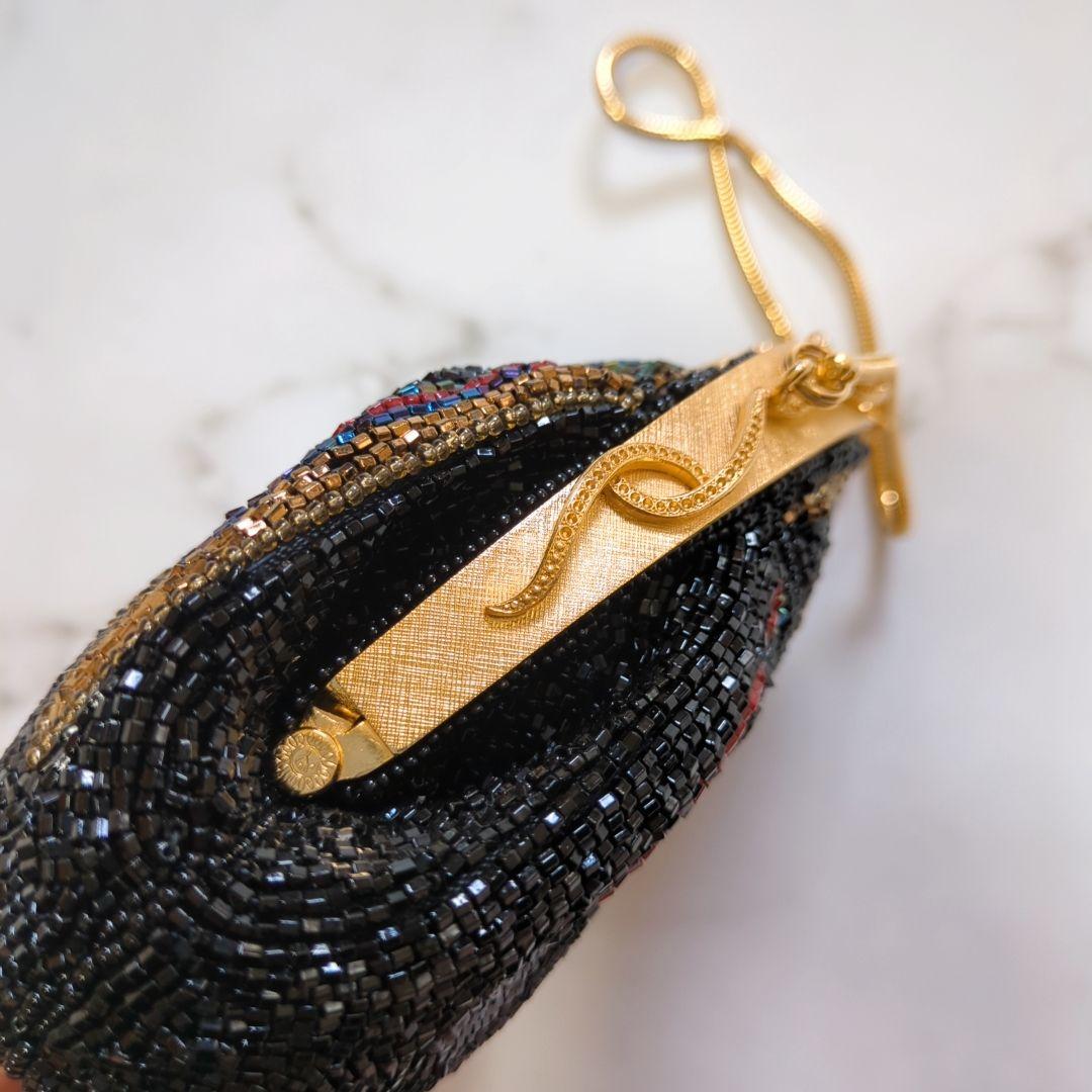 【美品】皇室御用達 ルミーはしもと 総ビーズ ハンドバッグ マルチカラー がま口