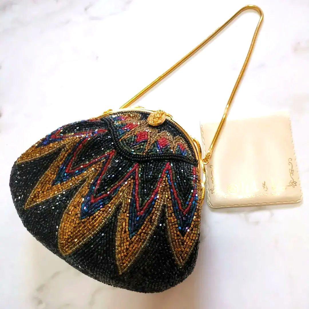 【美品】皇室御用達 ルミーはしもと 総ビーズ ハンドバッグ マルチカラー がま口