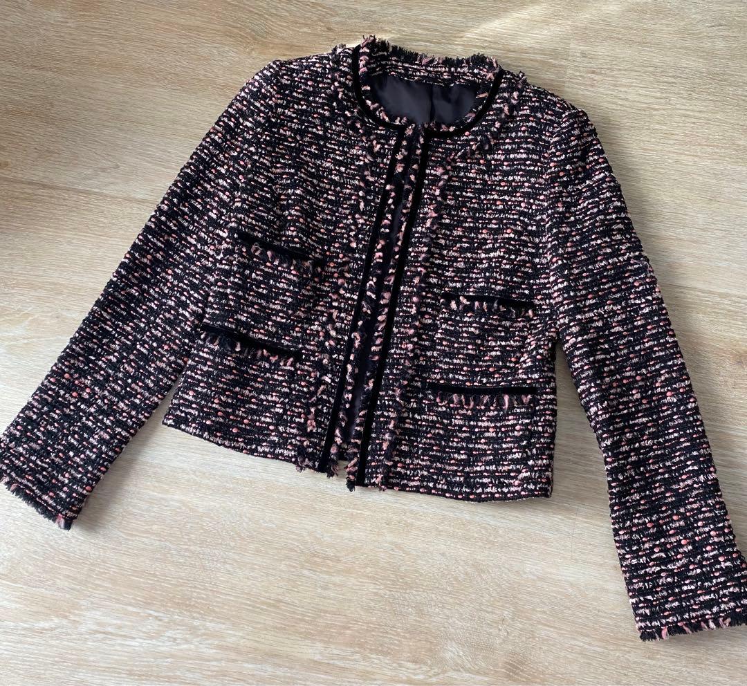 ほぼ新品 ANAYI アナイ ノーカラー ツイードジャケット ミックス ピンク