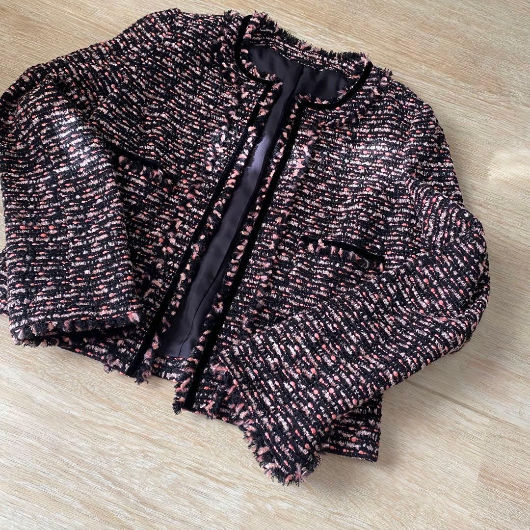 ほぼ新品 ANAYI アナイ ノーカラー ツイードジャケット ミックス ピンク